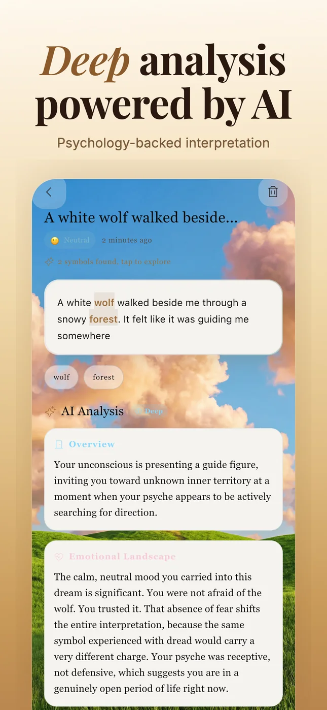 Somniar dream detail screen with AI analysis and highlighted symbols.